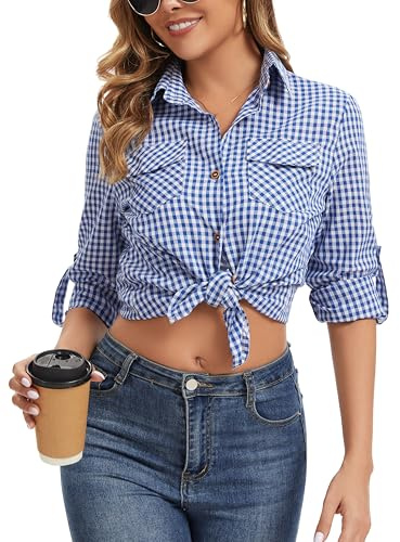Camisa Cuadros Algodón Mujer Franela Camisa Leñador Blusas Basiccon Botones Camisetas Cuello V Manga Larga Oficina Básico Vintage Western Casual