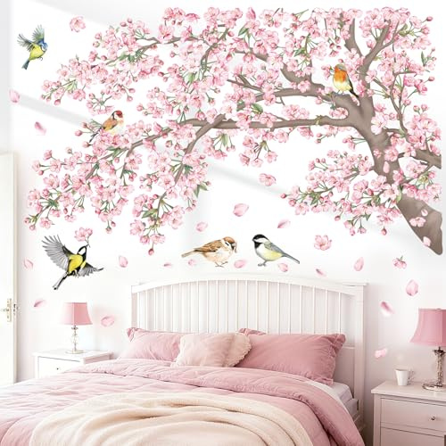 decalmile Stickers Muraux Grand Branche de Fleurs Rose Autocollant Mural Fleurs de Cerisier Floral Oiseaux Décoration Murale Salon Chambre à Coucher Bureau Mur TV