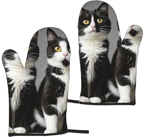Lot de 2 gants de cuisine antidérapants pour la cuisine, les chats, noirs et blancs, résistants à la chaleur, pour la cuisine, le micro-ondes, la cuisson, le barbecue