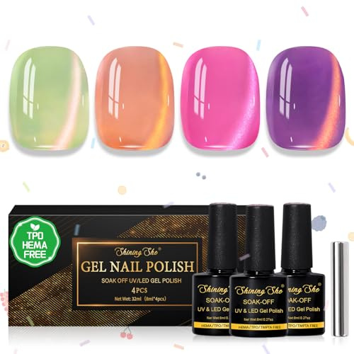 Shining She Gel Nail Polish Cat Eye Pastel, TPO-Free HEMA-Free gel Polish, 4 Colors Jelly Glass Crystals Green Orange Pink Purple, Soak-Off UV Nail Polish for Beginners Manicure Salon DIY at Home,8ML