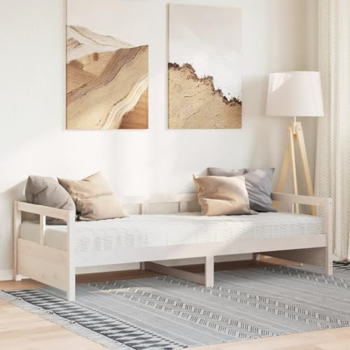 GeenYuu Tagesbett mit Matratze Weiß 80x200 cm, Massivholz Kiefer, Ausziehbar zum Doppelbett, Schlafsofa mit Lattenrost, Multifunktionales Gästebett für Schlafzimmer