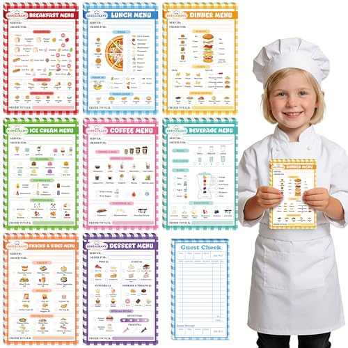 TICIAGA Kids Pretend Play Notepads - 9PCS 4x6 In Playtime Pad Included Breakfast Dinner Desert Coffee Menu Notepad 30 Page Pretend Notebook Imaginative Role for Toddler Kid Play Game, Restaurant Menu