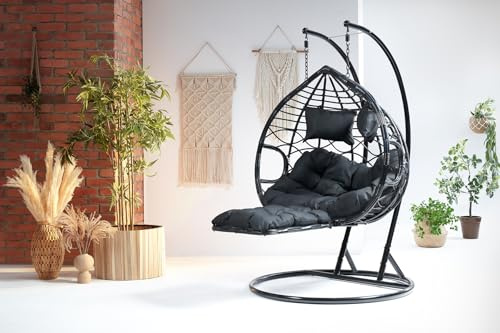 MAT-COMPANY 2-Sitzer Hängesessel mit Gestell Garten Terrasse Outdoor schwarz mit Verstellbarer schwarzer Fußstütze