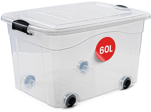 KONZEPT Kunststoffbox mit Deckel 60L 61x45x36cm, Transparent Stapelbox mit Rollen, Luftdichte Aufbewahrungsbox, Verschließbare Box für Keller, Umzug, Kleidung, Bettwäsche & Spielzeug