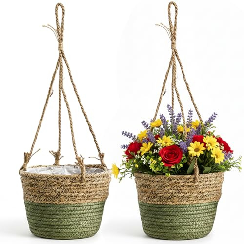 Ameble Confezione da 2 cestini sospesi Fioriera sospesa per interni in marina naturale con gancio in rattan intrecciato a mano per decorazioni per la casa Boho, esposizione di piante per giardino