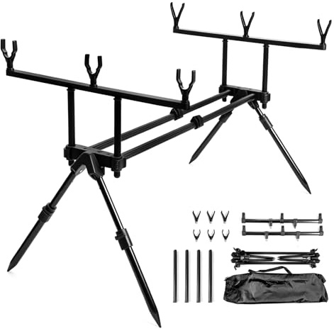 Portacanna, 64-121 cm Supporto per Canna da Pesca Estensibile a Tre Teste Porta Canne da Pesca con Borsa Portaoggetti e 6 Teste di Supporto per Asta Accessori da Pesca per Pesca Alla Carpa Dalla Riva
