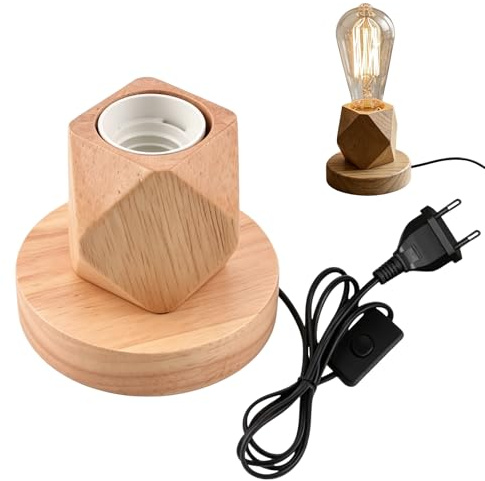 BAIFULAI Lámpara de mesa de madera, E27, 60 W, base de madera, diamante Mini lámpara de mesa con base de madera e interruptor de cable, enchufe de la UE, para dormitorio, salón u oficina (sin bombilla