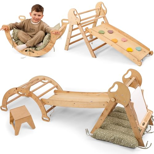 Goodevas Set 5 in 1 in Legno con Scivolo, Triangolo da Arrampicata Montessori, per Bambini a Partire da 1 Anno, Beige con Cuscino Verde