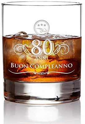 AMAVEL Tumbler da Whisky in Vetro con Incisione - 80 Anni - Buon Compleanno - Bicchieri Cocktail Personalizzati - Degustazione - Accessori Decorativi Casa - Idee Regalo Originali - Capacità: ca 320 ml
