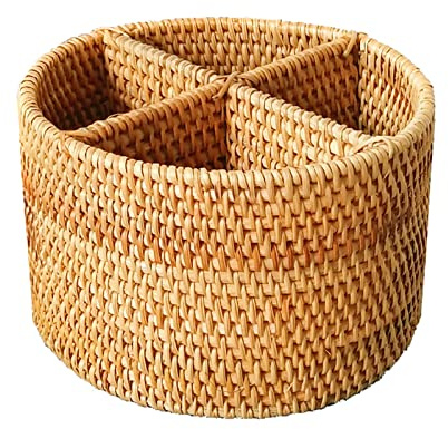 i-lan Natural Rattan 4 Compartments Storage Holder Cosmetics Organizer Utensil and Seasoning Bottle Serving Basket for Party(200mm 4-compartment Round Box)