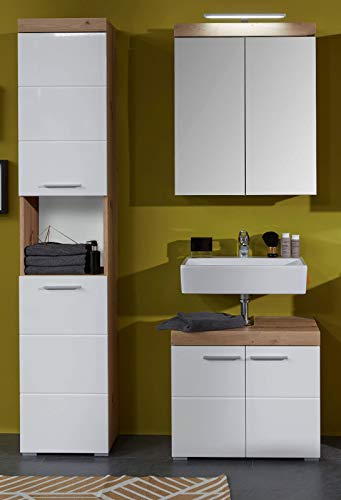 trendteam smart living - Amanda - Badmöbel-Set Waschbeckenunterschrank, Spiegelschrank und Hochschrank - Weiß/Weiß Hochglanz Eiche - (BxHxT) 112 x 190 x 34 cm - Kratzfest