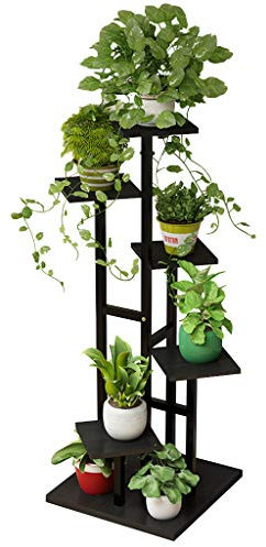 6-Tier Wooden Black Flower Racks Planter Holder Metal Ladder Plant Stand Display in Indoor Outdoor Living Room Garden Office Decorative