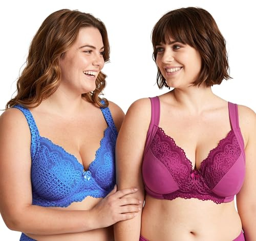 Curve Muse Reggiseno in Pizzo con Ferretto Sfoderato Taglie Forti con Spallacci Imbottiti-Confezione da 2-Stampa Bluestone,Viola-3B