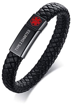 PJ JEWELLERY Benutzerdefinierte Gravur Geflochtenes Echtleder Medical ID Armband Herren Medical Alert Lederarmband mit Edelstahl-Magnetverschluss