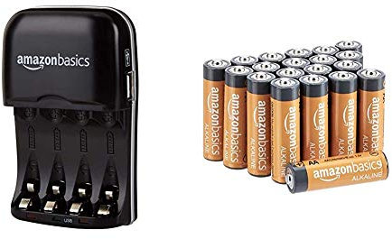 Amazon Basics Chargeur de Piles Ni-MH AA et AAA avec Port USB & Piles alcalines 1,5 V pour Le Quotidien - Lot de 20 (Le visuel Peut différer)