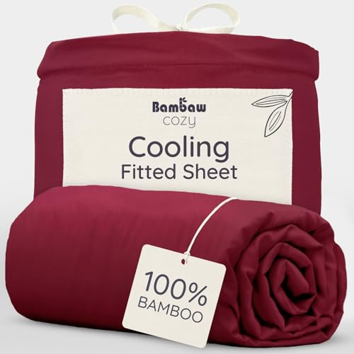 Bambaw Bamboo Fitted Sheet, 160 x 200 cm, Cooling Sheet for Allergy Sufferers, Winter and Summer for Better Sleep, Burgundy