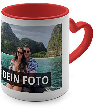 PhotoFancy® - Herz-Tasse mit Foto selbst gestalten - Kaffeebecher mit Herz-Henkel personalisieren und bedrucken - Farbe: Rot