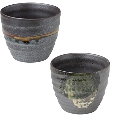 Asayu Japan Teetassen, Handbemalte und Glasierte Minoyaki Keramik Tassen, 200 ml, Hergestellt in Japan, Keramikglas für heiße und kalte Getränke – 2-Teiliges Teetassen-Set in Metallisch-Grau