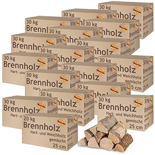 Brennholz Gemischt Kaminholz 500 kg Buche Eiche Birke Kiefer Fichte Holz Für Ofen und Kamin Kaminofen Feuerschale Grill Feuerholz 25 cm Wood Kammergetrocknet Flameup