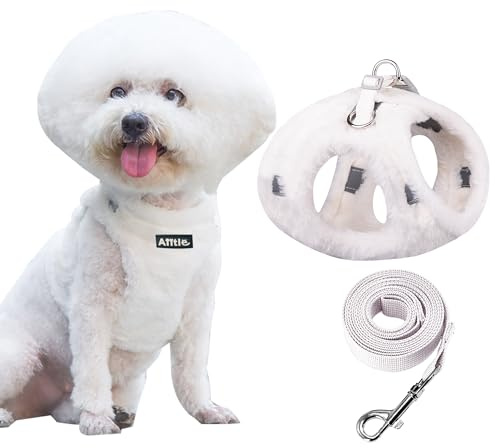 AIITLE Ensemble Harnais et Laisse pour Chien Harnais Chaud et Confortable pour Chiots avec Motif Magic Tape, Gilet en Peluche pour promenades en extérieur pour Petits Chiens et Chats Blanc XXS