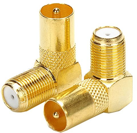 Fohevers 2 Pcs TV Coax Male Plug to F Type Female Jack 90 Degree TV Coax Socket Converter Coaxial F Type Female RCA RF Connector Gold Plated