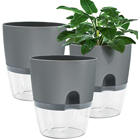 Muzhira Blumentopf Plastik, 3 stücke 10.5cm Kräutertopf mit Selbstbewässerung und Wasserspeicher, Moderne Pflanztopf für Zimmerpflanzen, Blumen und Kräuter - Grau