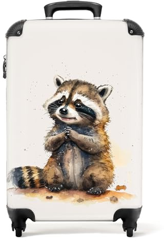 NoBoringSuitcases© Koffer Handgepäck Trolley Rollkoffer Kleine Reisekoffer | 55x35x20 cm - mit 4 Rollen - Waschbär - Wasserfarben - Tiere - Kinder - Fotokoffer - Kabinenkoffer - Boardgepäck