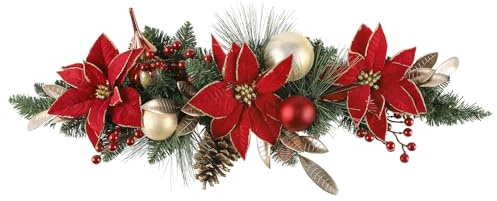 SHACOS Corona Flores Navidad 70cm Corona Navideña para Puerta con Bayas Rojas Flores Poinsettia Navideñas Conos de Pino Naturales y Bolas de Navidad Adorno Navideño para Puerta