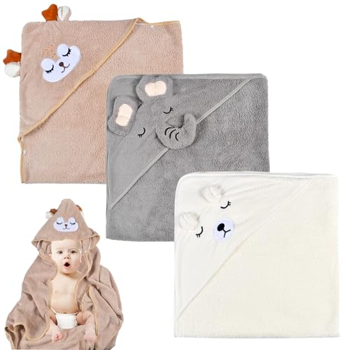 Forhome Baby Kapuzenhandtuch, 3 Stück Baby Badetuch Set, Kapuzenbadetüch für Kinder, Babyhandtuch Bambus Super Saugfähig, Kleinkind Badetücher mit drei Mustern als Baby Geschenk