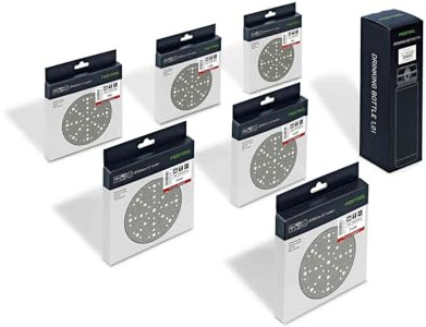Festool Granat Schleifscheiben Set D150-60x Schleifpapier & Trinkflasche | Für VOC-Lacke & harte Untergründe - Körnung P60 bis P320 - 49-Loch Multi-Jetstream 2 - Passend für RO 150 & ETS 150