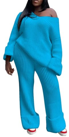 Hosenanzug für Damen und Mädchen 2024, modisch, 2 Outfits, langärmelig, V-Ausschnitt, Strickpullover, Tops und Hose mit weitem Bein, Streetwear-Set, Damen-Arbeitsanzüge und Kleider, blau, 46