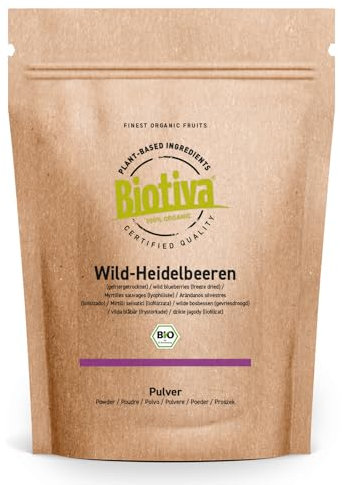Mirtillo selvatico in polvere biologico 300g (2x150g) - Vaccinium myrtillus - polvere di mirtillo liofilizzato - imbottigliato e controllato in Germania (DE-ÖKO-005) - Biotiva