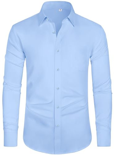 J.VER Men's Long Sleeve Shirts 4-Way Stretch Wrinkle Free Formal Dress Shirt Business Casual Wedding Work Button Down Shirts with Pocket Blue M