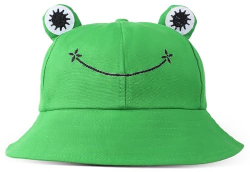 Dimeho Fischerhüte Damen, Frosch-Angler Sonnenhut Fischerhut für Erwachsene, Süßer Froschhut Fischerhut Lustig, Verstaubarer Sonnenhut für Sommer Frühling Fischerhüte mit Breiter Krempe, Grün