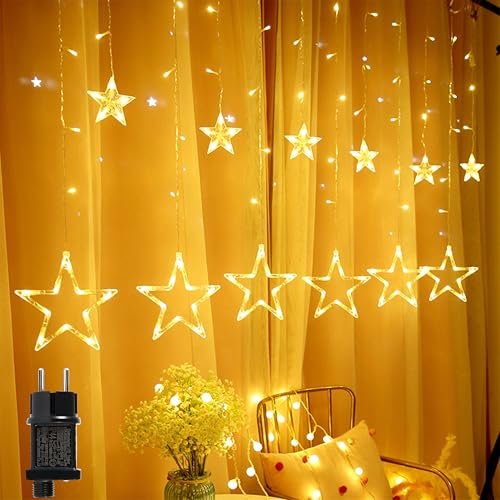 Kimuwote Cortina Luces Navidad, 12 Estrellas 138 LEDs Luces Navidad Estrella con 8 Modos Timer Función Exterior Interior Decoración para Navideña, Balcón, Ventana, Escaparate, Boda, Fiesta