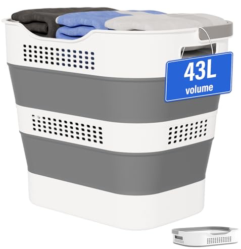 OOAMBB 43L(11.5Gallon) Collapsible Laundry Basket with Handles, Foldable Laundry Basket Plastc,Pop Up Tall Storage Container/Organizer/Clothes Hamper for Laundry (Grey,1 Pack)