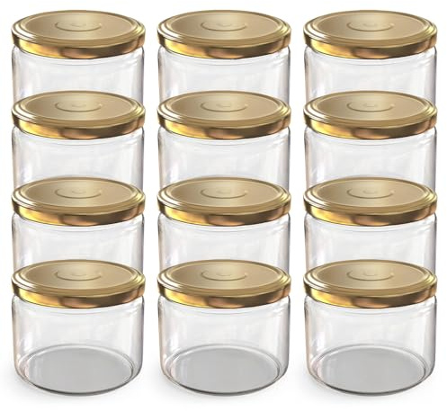 Oputec 12 x 282 ml Pots à confiture avec couvercle à visser Or – Parfait pour les confitures, gelées et plus, petits pots avec couvercle, idéaux comme pots à confiture et pots à trempette à visser