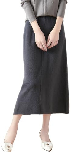 Ailaile Jupe mi-longue pour femme - Automne et hiver - 100 % laine mérinos - Jupe longue côtelée élastique unie décontractée et chaude, gris, Taille XL