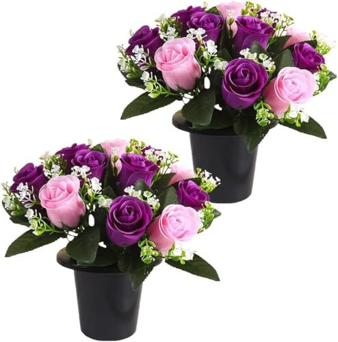 JUTTAUTO 2pcs Grave Flower In Pot 12 Heads Artificial Rose Fake Funeral Floral for Memorial Cemetery Christmas Decorative
