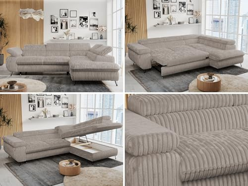 MKS MEBLE Ecksofa Wohnlandschaft L-Form mit Schlaffunktion und Bettkasten, Schlafsofa mit Bettkasten, Sofa mit Einstellbare Kopfstützen, Peter L - Cord - Rechts Grau