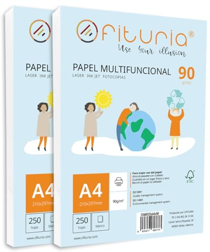 Packung mit 500 weißen DIN A4 Blättern, 90g Druckerpapier. Multifunktionales Kopierpapier für Schule und Büro. Ideal für Laserdrucker, Tintenstrahldrucker oder Kopierer – Ofituria