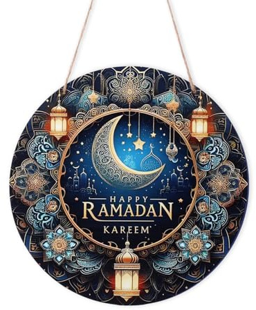 Ramadan Door Sign, 7.88 Inch Wooden Ramadan Door Hanging Sign Eid Mubarak Sign Ramadan Kareem Wreath Ramadan Door Decoration Islamic Decor for Home Porch Farmhouse Front Door Wall