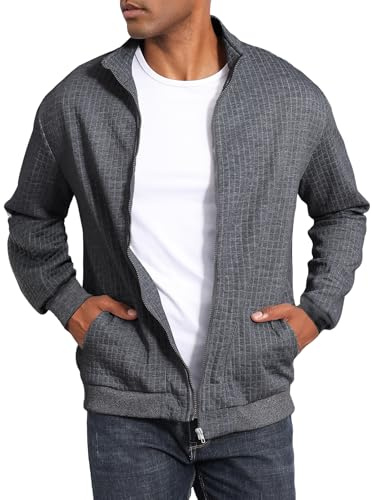 HOTIAN Jacka för män, quiltad jacka, övergångsjacka, vårlik rutig jacquard, fritid, lätta jackor, ståkrage med ficka