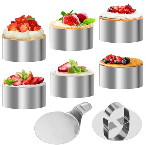 6 PCS Ø 8 cm Cake Rings, Stainless Steel Mousse Ring, 8×4 cm Pastry Rings, Crumpet Rings Non Stick with Cake Press & Lifter, Baking Rings for Dessert Cake Pastry DIY