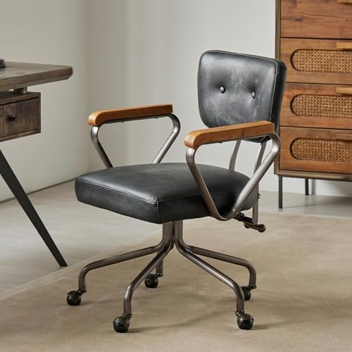 PELLEBAR Bürostuhl im Mid-Century-Stil aus echtem Leder mit Drehfunktion und Verstellbarer Rückenlehne, Schwarz