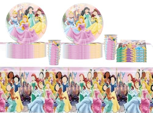 CHENGLI 61PCS Prince-ss Birth-Day Par-ty Supplies, Princess Style Tableware Set for Birthday Party,Princess Party Supplies for Kids Include Paper Cup,Table Cloth,Plates, and Napkins - 20Guests