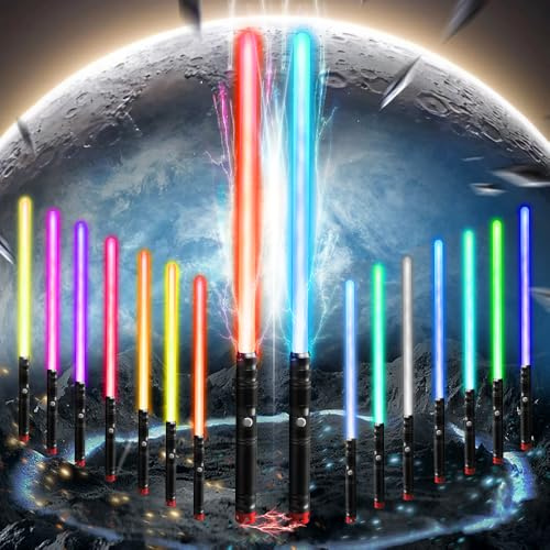 VATOS 2 Pezzi Spade Luminose in Metallo Ricaricabili per Bambini, Spada Luminosa a LED RGB a 15 Colori con Effetti Sonori di Combattimento,Giocattoli Sciabola Staccabili 2 in 1 per Cosplay, Halloween