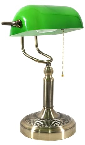 Fynokst Lampada da tavolo verde banchiere in vetro, classica lampada da tavolo retrò con spina e base in bronzo, interruttore a catena, adatta per ufficio, biblioteca, studio, casa, camera da letto
