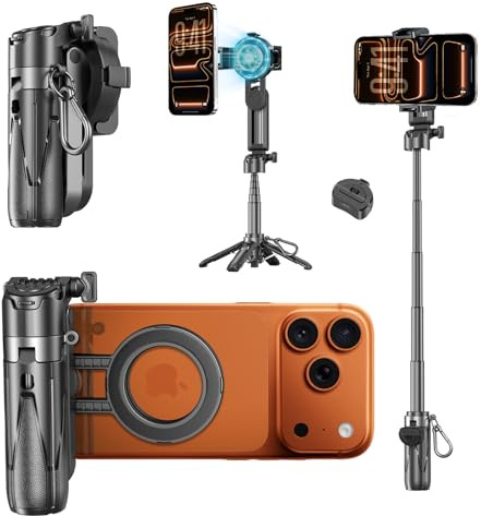 Gladgogo Bastone Selfie Con Magnetico E Morsetto A Molla, Treppiede per Cellulare Bluetooth 4 in 1, Impugnatura Per Telefono, Mini Quadrupode Telescopico Per iPhone/Android, Rotazione A 360 Gradi.