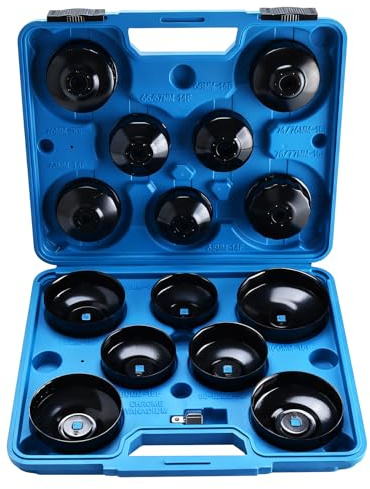 FreeTec 15tlg. Ölfilterschlüssel Set - Universal Ölfilter Kappen Satz (65-100 mm) aus Stahlblech mit 3/8 & 1/2 Adapter - Ölfilter Werkzeug für KFZ Ölwechsel